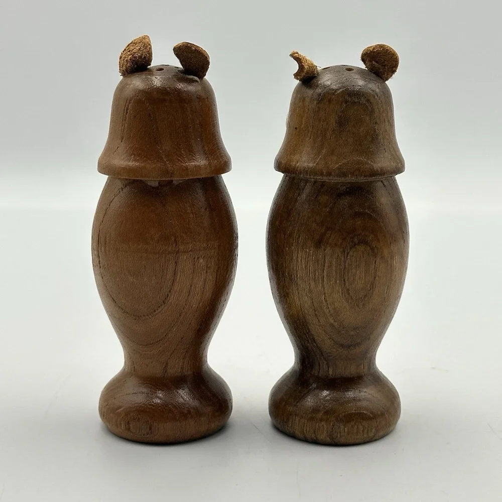 Vtg Wooden Owl Salt And Pepper‎ Shakers MCM Leather Ears Googly eyes Japan